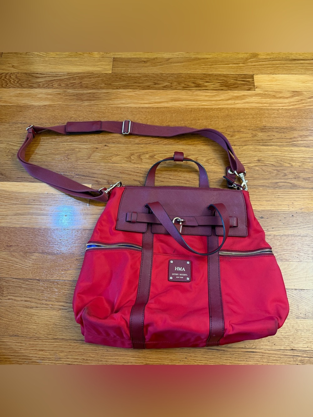 Henri Bendel Jetsetter Convertible Nylon Backpack in Red with "HMA" Initials